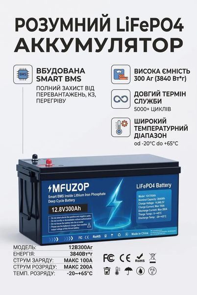 Аккумулятор MFUZOP LifePO4 12.8V 300Ah 3840Wh (Smart BMS) ДБЖ 643283 фото