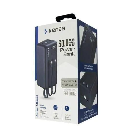 Портативний павербанк з дисплеєм 50000 mAh Kensa павербанк швидка зарядка зі вбудованими кабелями 22.5W Чорний 634334 фото