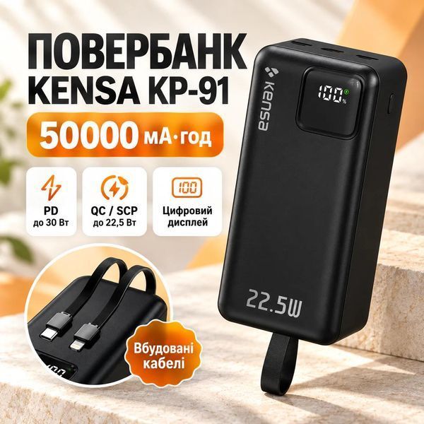 Портативний павербанк з дисплеєм 50000 mAh Kensa павербанк швидка зарядка зі вбудованими кабелями 22.5W Чорний 634334 фото