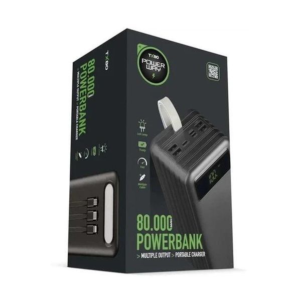 Павербанк підвищеної ємності з ліхтариком і дротами Powerbank TX-80 Torima 80000 mAh 346227 фото