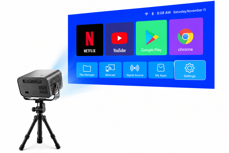 Портативний мультимедійний проектор 4K Android A10 з Wi‑Fi 2.4/5 ГГц, Bluetooth 5.2, автофокусом та автокорекцією трапеції 325662 фото