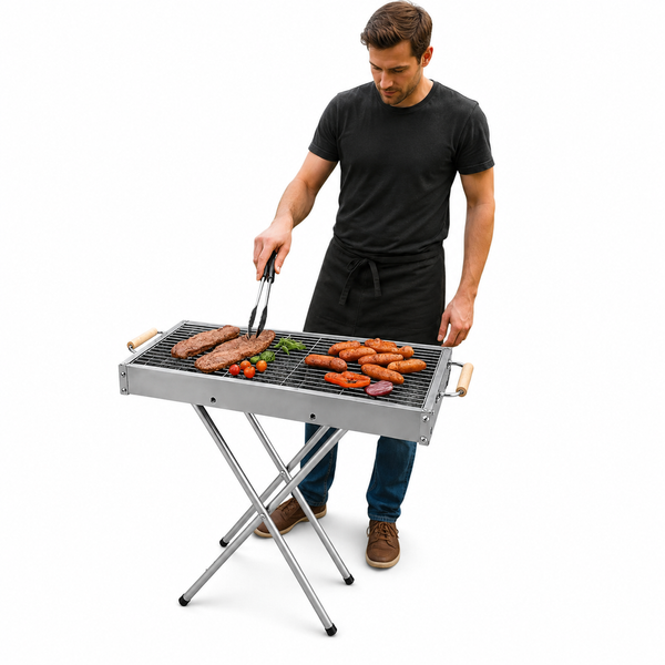 Портативний мангал з решіткою 80х78х30см, BARBECUE TRAY 770SS, Срібний / Барбекюшниця / Розкладний мангал барбекю 657564 фото