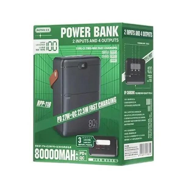 Power Bank Remax RPP-118 80000mAh 27W+22,5W. Павербанк 80000мАг. 27Вт. Чорний з ліхтариком/фонариком 545847 фото