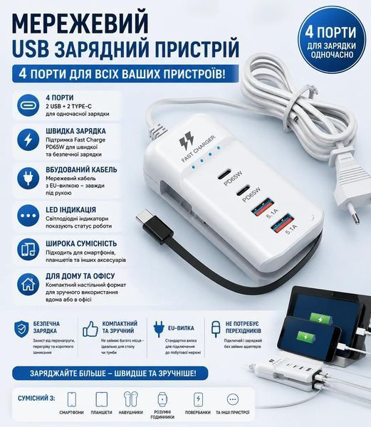 Універсальний зарядний пристрій 66 W з 2 USB-портами, багатофункціональний мережевий адаптер 26X-200 867525 фото