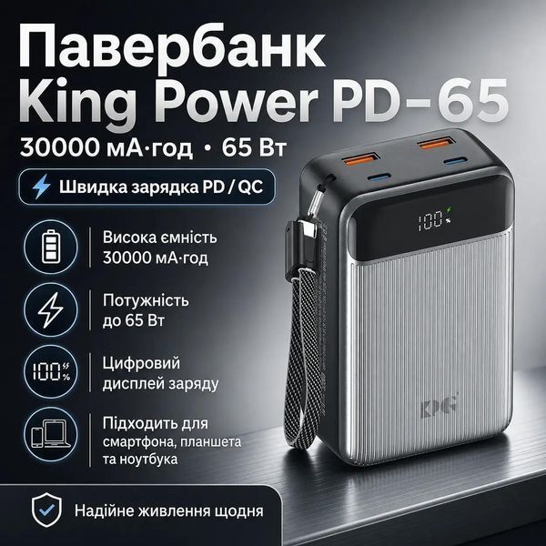 Павербанк King Power PD-65 30000 мАч 65W з швидкою зарядкою для смартфона, планшета та ноутбука 737789 фото