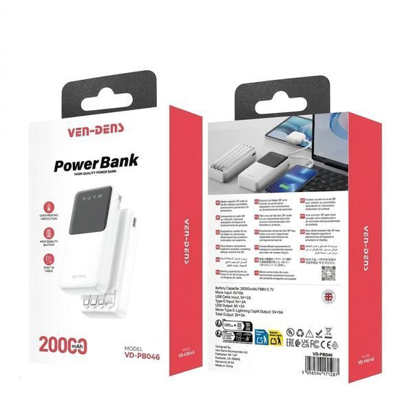 Зовнішний акумулятор 20000mAh з кабелями (Lightning, Type-C, Micro) Ven-Dens VD-PB046, Білий / Павербанк / Зовнішний акумулятор 472890 фото